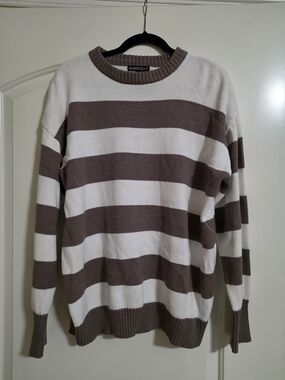 Women's Cream and Brown Striped Crewneck Sweater